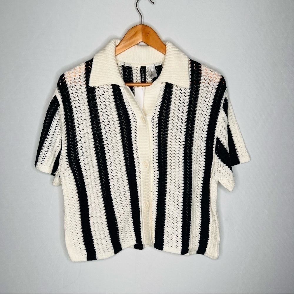 H&M Cream and Navy Striped Short-Sleeve Knit Cardigan - Picture 8 of 16